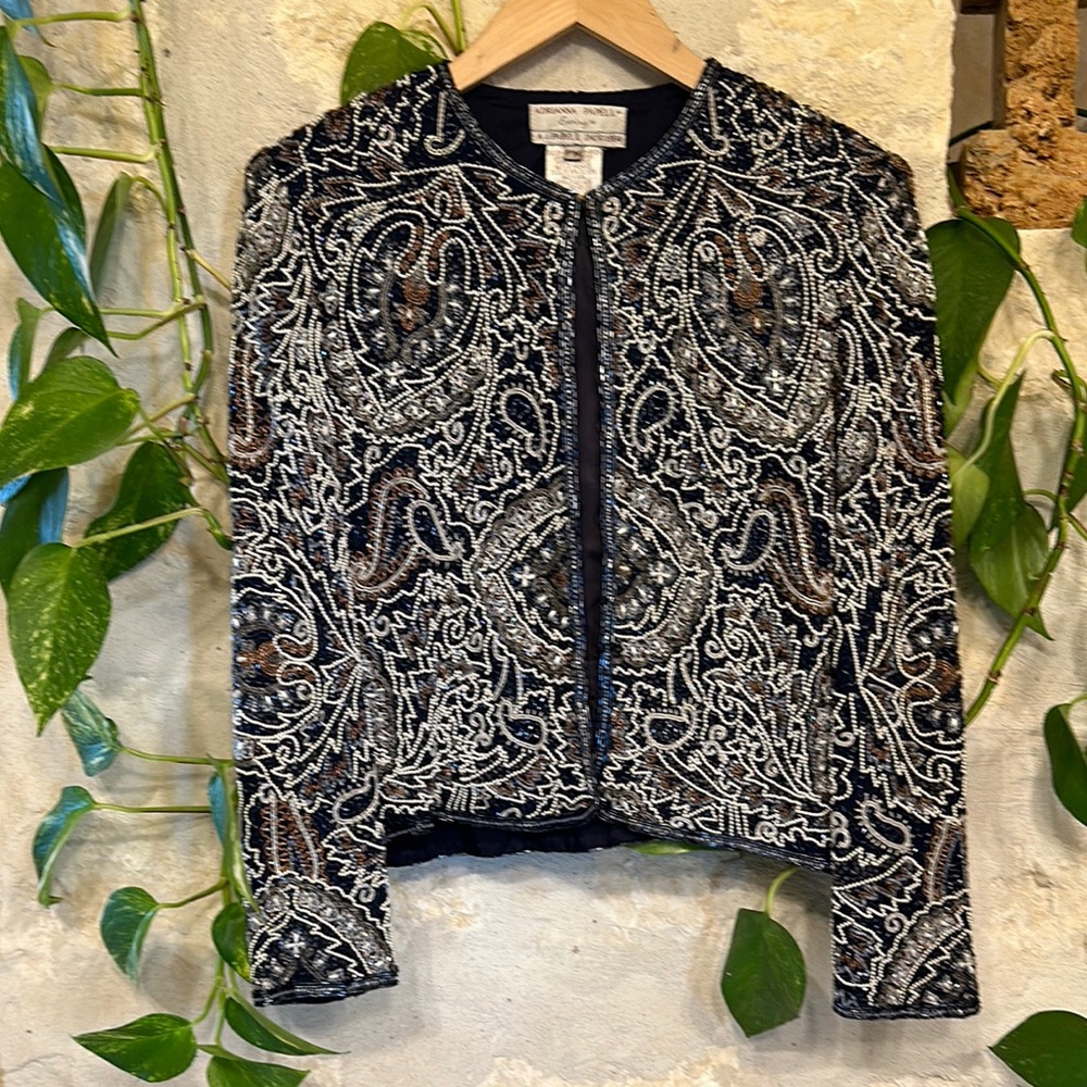 Vintage 90’s Beaded Seed Pearl Navy and White Jacket